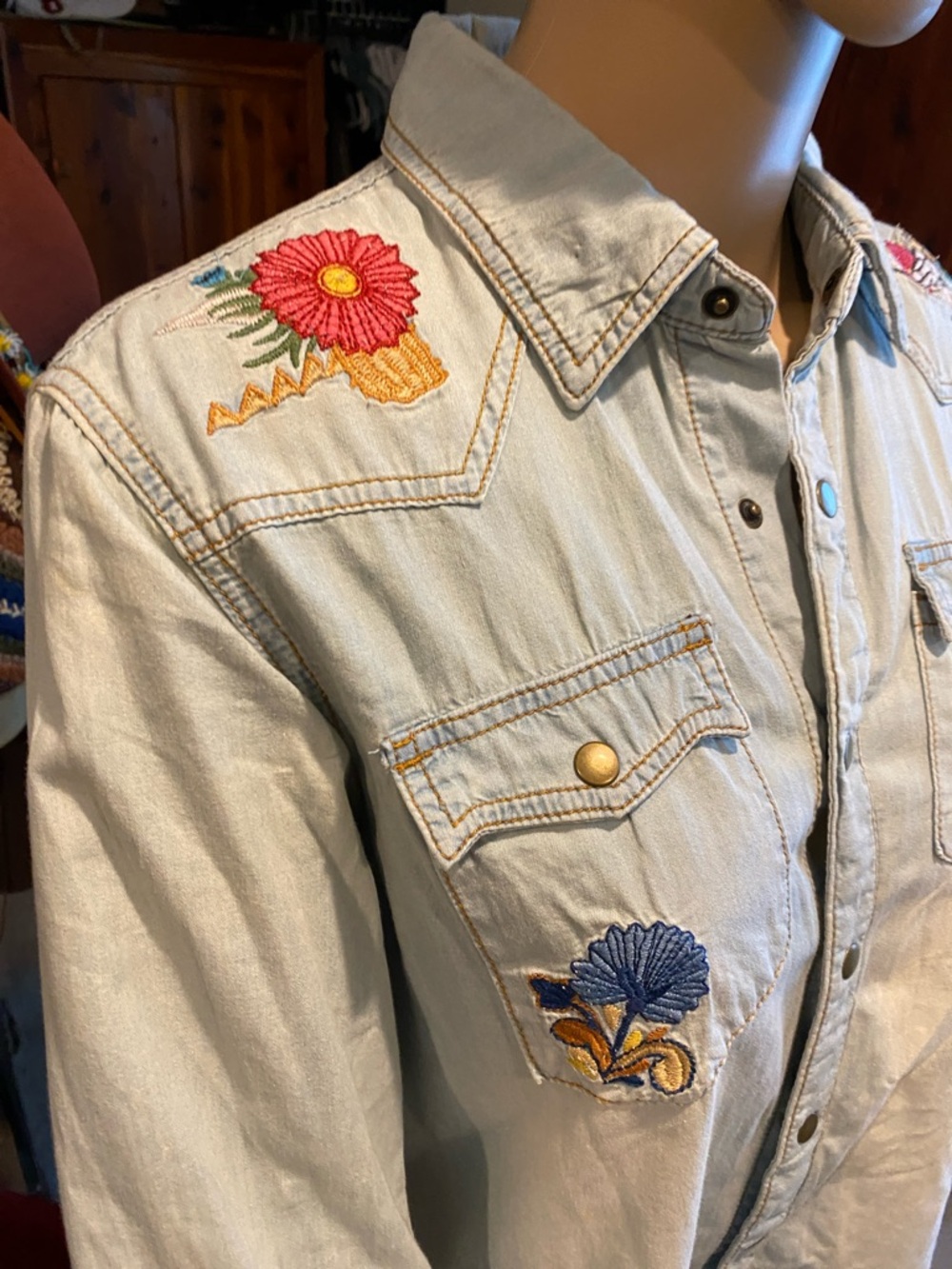 Spell Cactus Rose Light Wash Denim Button-Down Shirt with Floral Embroidery - Picture 5 of 10